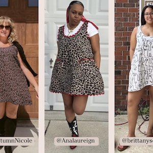 May include: Three women wearing different dresses. The woman on the left is wearing a black and red leopard print dress. The woman in the middle is wearing a brown and black leopard print dress with red trim. The woman on the right is wearing a white dress with a black and white abstract pattern. The caption below each woman reads "@byAutumnNicole", "@Analaureign", and "@brittanysewedit".