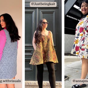 May include: Three women wearing different dresses. The woman on the left is wearing a pink and gray dress. The woman in the middle is wearing a brown and gold dress with a floral pattern. The woman on the right is wearing a white dress with a red and black floral pattern. The image includes the text "@Justbeingkait", "@sewing.withvisuals", and "@annajmakes".