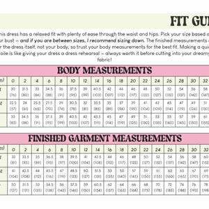 May include: A chart with a pink background and black text showing body measurements in inches and centimeters for sizes 0 to 34. The chart is titled "Body Measurements" and "Finished Garment Measurements".