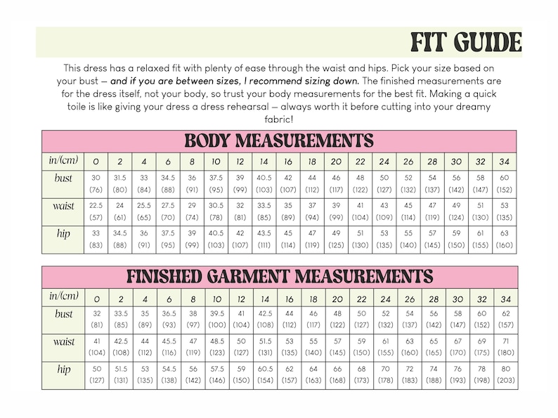 May include: A chart with a pink background and black text showing body measurements in inches and centimeters for sizes 0 to 34. The chart is titled "Body Measurements" and "Finished Garment Measurements".