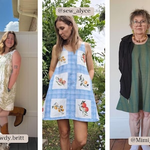 May include: Three women wearing different dresses. The woman on the left is wearing a light green dress with a floral pattern. The woman in the middle is wearing a blue and white gingham dress with a floral pattern. The woman on the right is wearing a dark green dress with a striped pattern. The text '@Howdy.britt' is below the woman on the left, '@sew_alyce' is above the woman in the middle, and '@Mimi_1st' is below the woman on the right.