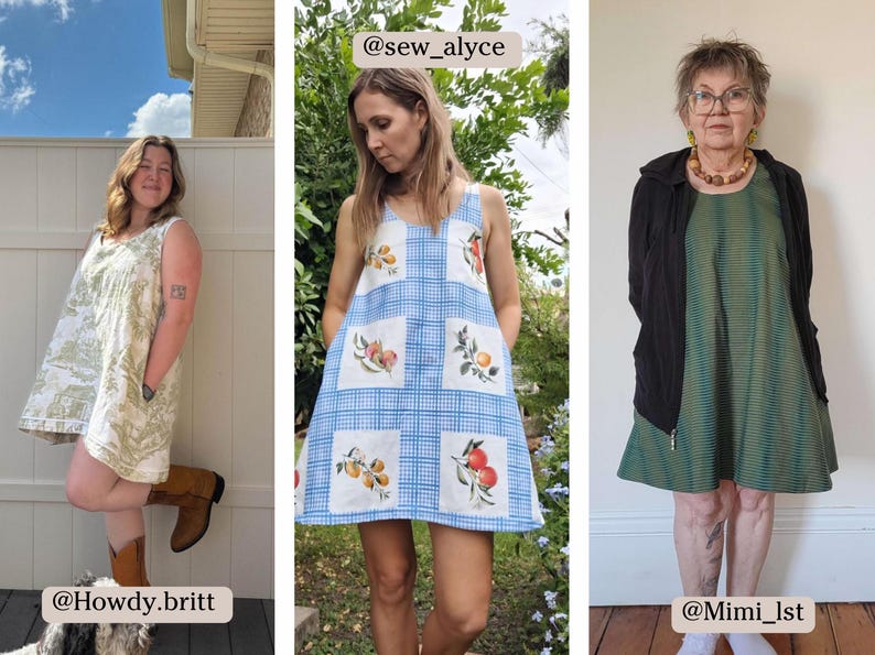 May include: Three women wearing different dresses. The woman on the left is wearing a light green dress with a floral pattern. The woman in the middle is wearing a blue and white gingham dress with a floral pattern. The woman on the right is wearing a dark green dress with a striped pattern. The text '@Howdy.britt' is below the woman on the left, '@sew_alyce' is above the woman in the middle, and '@Mimi_1st' is below the woman on the right.