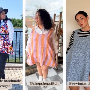 May include: Three women wearing different styles of sleeveless dresses. The first woman is wearing a colorful floral print dress with a black belt and a white shirt underneath. The second woman is wearing a striped dress in shades of pink and orange. The third woman is wearing a blue dress with a leopard print pattern and a black and white striped shirt underneath. The text on the image reads "@rochelle.handmade.designs", "@chopshopstitch", and "@sewing.withvisuals".