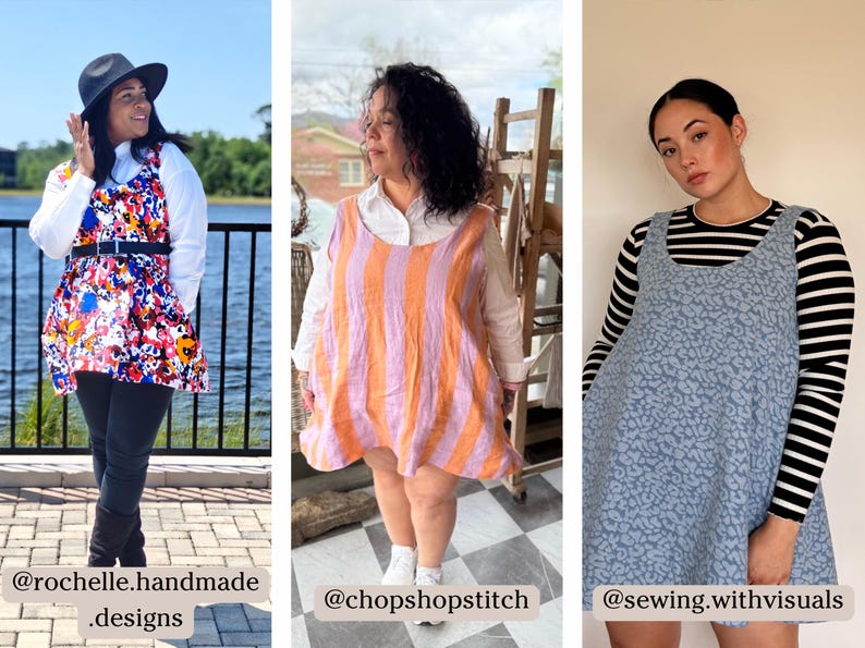 May include: Three women wearing different styles of sleeveless dresses. The first woman is wearing a colorful floral print dress with a black belt and a white shirt underneath. The second woman is wearing a striped dress in shades of pink and orange. The third woman is wearing a blue dress with a leopard print pattern and a black and white striped shirt underneath. The text on the image reads "@rochelle.handmade.designs", "@chopshopstitch", and "@sewing.withvisuals".