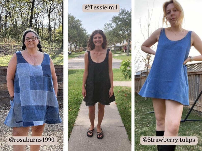 May include: Three women wearing different styles of denim dresses. The woman on the left is wearing a blue and white patchwork dress. The woman in the middle is wearing a black dress. The woman on the right is wearing a solid blue dress. The caption on the image reads "@Tessie.m.l", "@rosaburns1990", and "@Strawberry.tulips".