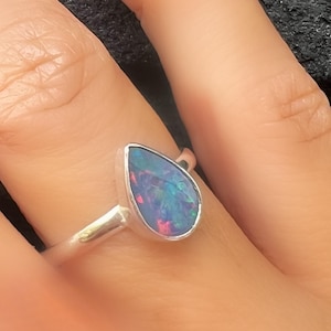 6x8mm pear shaped opal ring sterling silver australian blue fire opal ring natural opal engagement ring teardrop opal promise ring