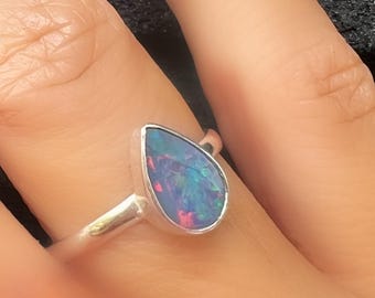 6x8mm pear shaped opal ring sterling silver australian blue fire opal ring natural opal engagement ring teardrop opal promise ring