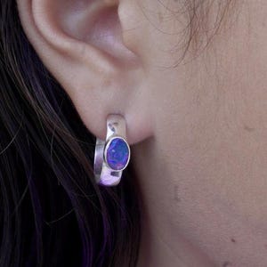 Opal Huggie Earrings Sterling Silver | Australian Opal Hoop Earrings | Handmade Silver Huggie Earrings | Statement Opal Earrings