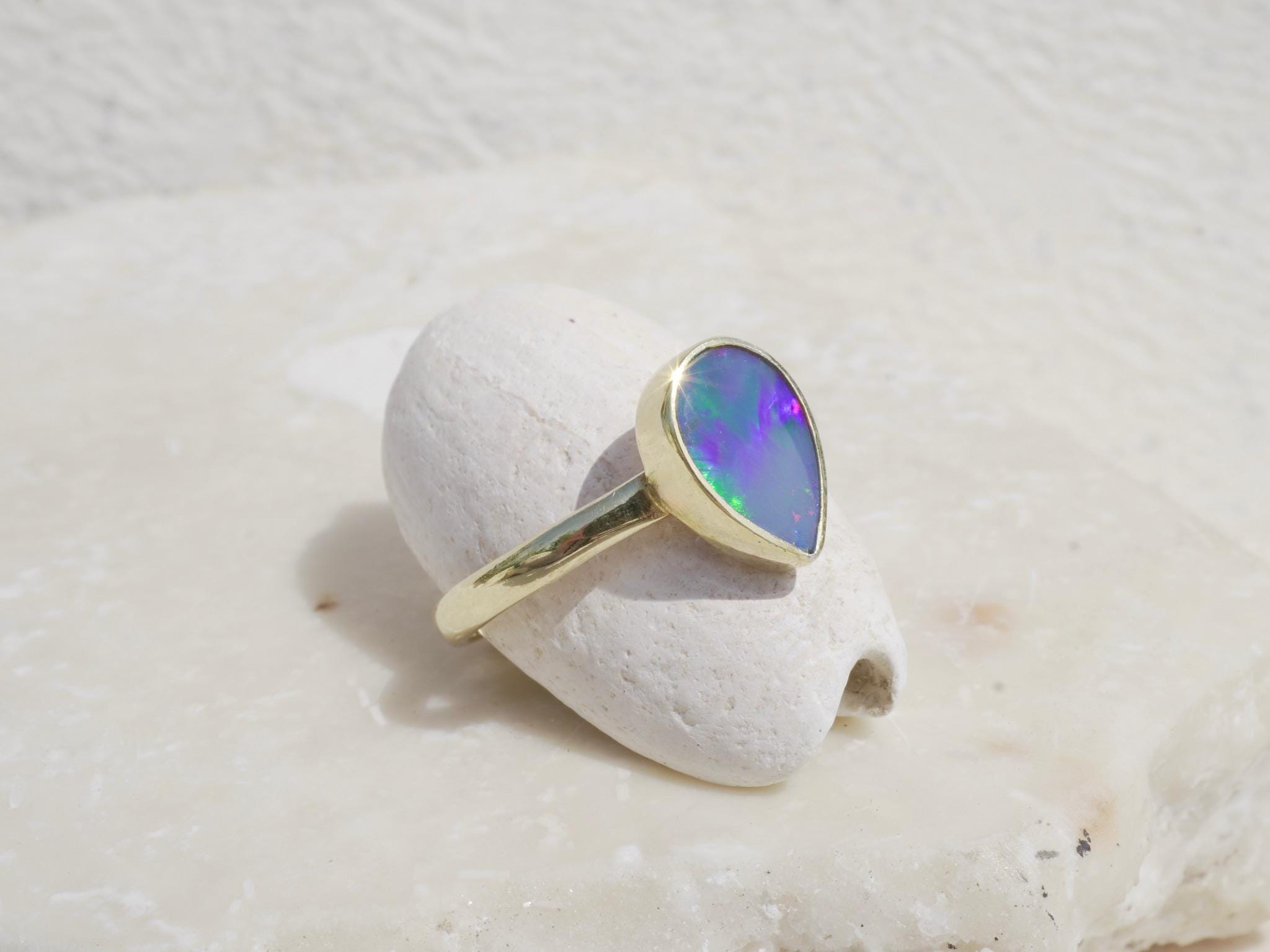 gold pear shaped opal ring australian blue fire opal ring natural opal engagement ring teardrop opal promise ring october birthstone