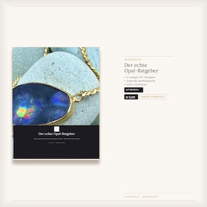 May include: A digital product listing for a 14-page PDF guide titled Der echte Opal-Ratgeber. The image features a gold-toned necklace with a dark blue opal pendant displaying iridescent flashes of color, resting on a light gray stone surface.