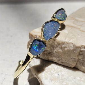 Three-Stone Opal Cuff Bracelet Gold | Genuine Australian Boulder Opal | October Birthstone Gift for Her