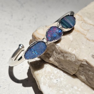 Rustic Silver Opal Cuff Bracelet Adjustable Boulder Opal Bangle Hammered Bezel Boho Australian Fire Opal Jewelry