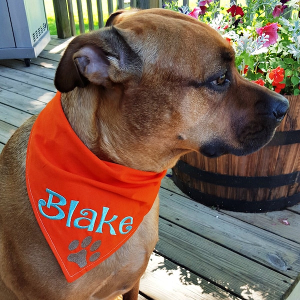 Tie on personalized Dog bandana with Paw Print - Custom Embroidered Dog accessory - Name and paw print - Dog Lover Gift