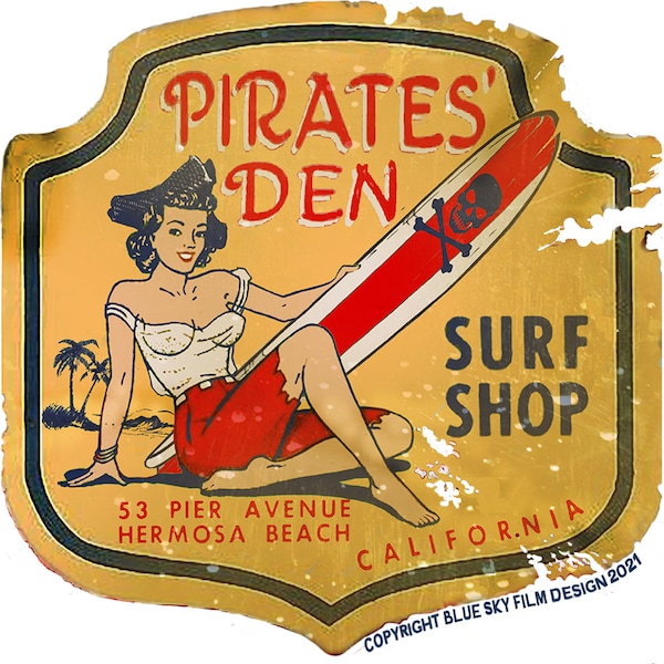 Pirates' Den Surf Shop 3 inch wide sticker, perfect for your Woody, skateboard deck, laptop, VW bus and more.