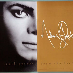 May include: A black and white photograph of a person's face with the text "the truth speaks" below. The right side of the image is a gold background with the text "from the facts..." and a white signature that reads "Michael Jackson".