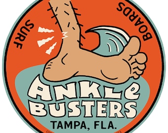Ankle Busters Surf Boards 3 inch round sticker. Perfect for your Woody, skateboard deck, laptop, VW bus and more