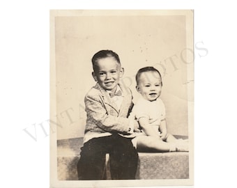 Vintage Photo 1940 Little Boy bowtie with baby brother Printable, Download Photo, Antique Photo, Digital Photo