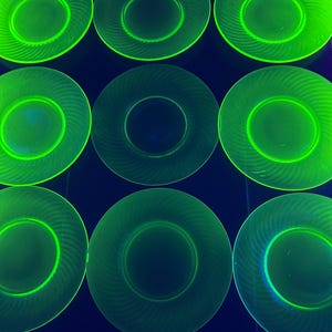 Vintage Set of 9 Green Depression Uranium Glass Optic Swirl Spiral Dinner Plates 9” - UV Blacklight Glows!