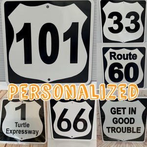 CUSTOM ROUTE # &quot;Your Text Here&quot; Metal Aluminum Highway Road Sign 6&quot;x6&quot; or 12&quot;x12&quot; Personalized Made to order (2 sizes available)