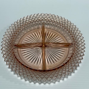 Vintage Anchor Hocking Pink Miss America Glass Diamond Divided Depression Glass Serving Dish Plate 8.5”