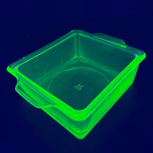 Vintage Small Green Depression Uranium Glass Square Refrigerator Dish with handles Hazel Atlas 4.5” - UV Blacklight Glows!