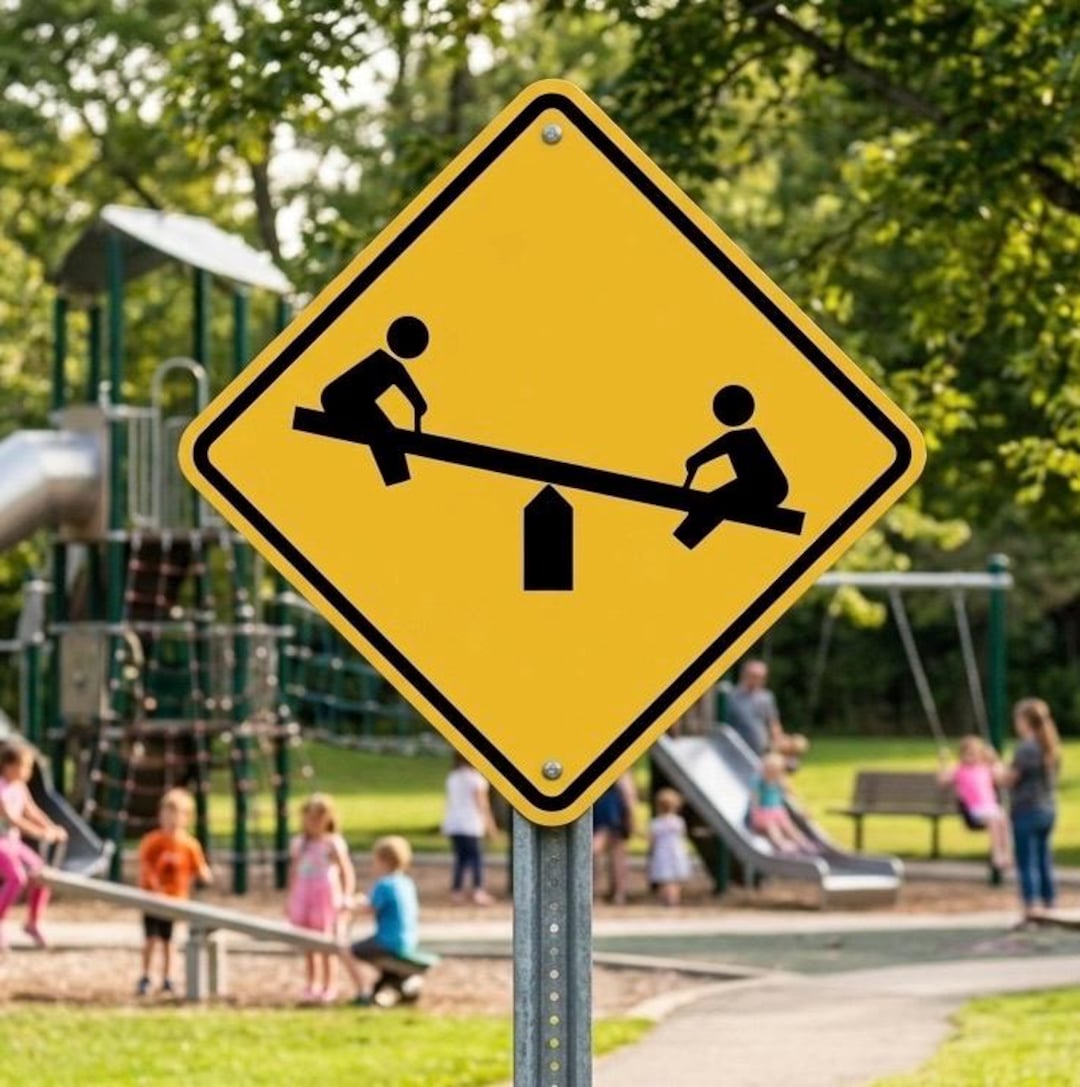 Caution Playground Metal Sign: Children at Play, Yellow Crossing