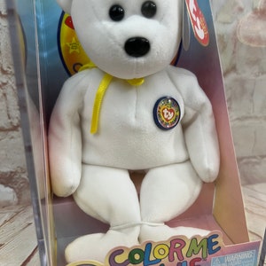 Vintage Ty Color Me Beanie Bear Plush Stuffed Animal Beanie Babies 8” in box with Yellow Ribbon Box Damage