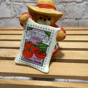 Vintage 1996 Lucy & Me Bear Garden Girl with Tomato Seed Packet Lucy Rigg Ceramic Figure by Enesco