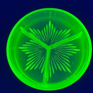 Vintage Green Depression Uranium Glass 3-Section Divided Relish, Nut, Candy Dish 6.5” - UV Blacklight Glows!