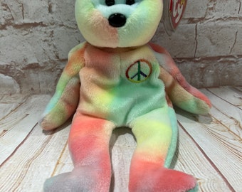 Vintage 1996 TY Peace Love Tie-Die Rainbow Bear Peluche Peluche l'originale Beanie Babies 8"