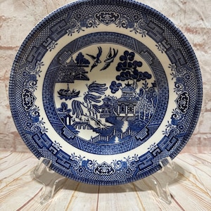 bol à pâtes en saule bleu Churchill England vintage | Bol à soupe ou à céréales avec rebord peu profond de 20 cm (20 cm) | Anglais Ironstone bleu et blanc Transferware