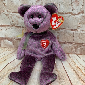 Vintage TY The 2000 Signature Bear Purple and Grey Speckled Plush Stuffed Animal Beanie Babies 8”
