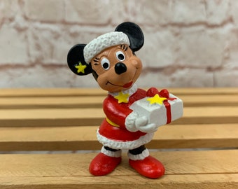 Vintage Christmas Minnie Mouse Mrs Claus with present Disney Miniature PVC Mini Figure Toy by Bully West Germany Hand-painted