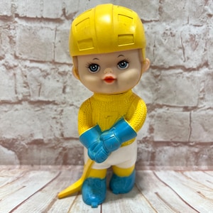 Vintage 1971 Iwai Industrial Co Ltd Rubber Squeak Toy Hockey Player Boy Rare!