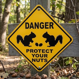 May include: A diamond-shaped yellow metal sign with a black border and black text that reads DANGER PROTECT YOUR NUTS. The sign features black silhouettes of two squirrels facing each other with two small acorns positioned between them.
