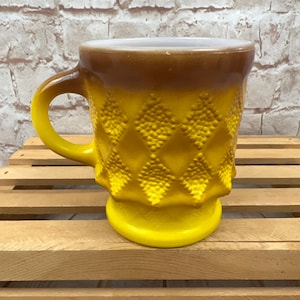 Vintage Fire King Kimberly Milk Glass Mug: Yellow Brown Ombré Diamond Pattern