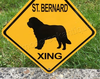 ST. BERNARD Xing Panneau de signalisation jaune pour chien Attention en métal 6 x 6 po ou 12 x 12 po NOUVEAU (2 tailles disponibles) Nouveau et fait main !