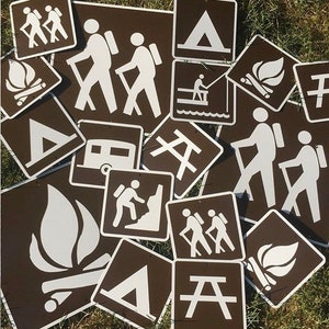 CAMPING Recreation Metal Signs Hiking Trail Tent Picnic Table Trailer House Campfire Swimming Camp Deer Bear 6&quot;x6&quot; or 12&quot;x12&quot; Color options!