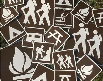 CAMPING Recreation Metal Signs Hiking Trail Tent Picnic Table Trailer House Campfire Swimming Camp Deer Bear 6&quot;x6&quot; or 12&quot;x12&quot; Color options!