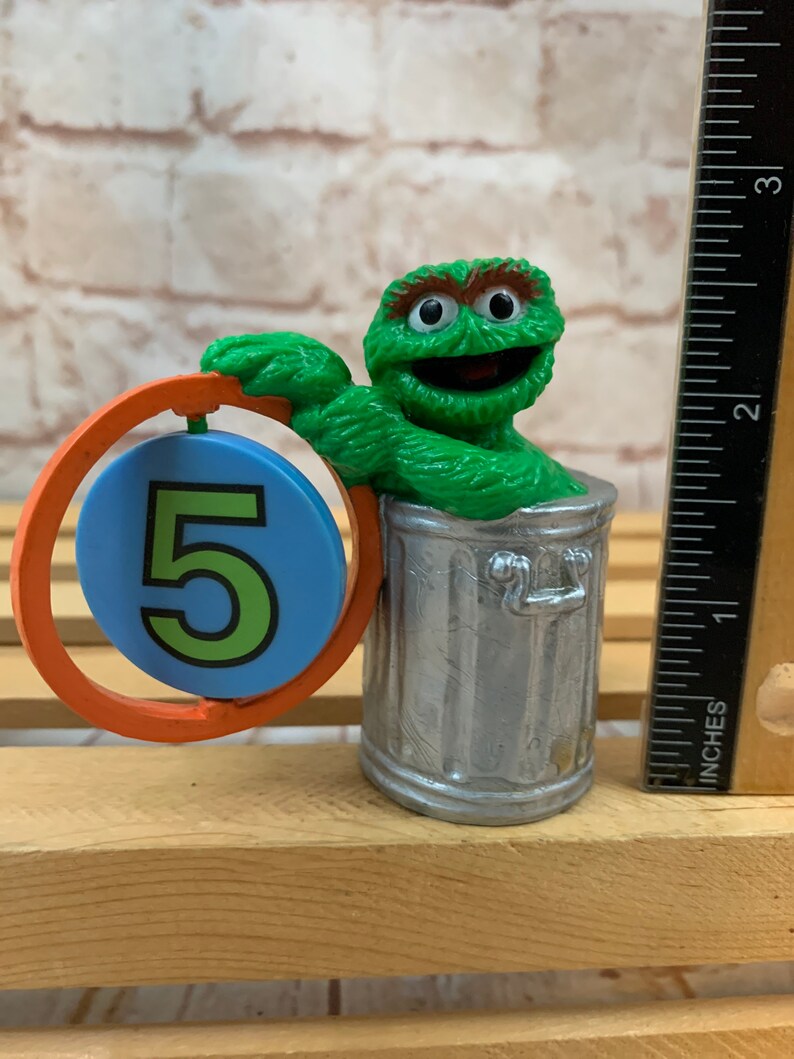 Vintage Sesame Street Oscar the Grouch in trash can with number 5 Mini PVC Miniature Action Figure Toys Figurine by Applause 5th Birthday image 4