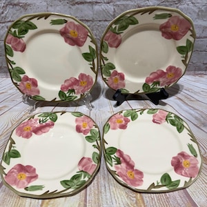 Set of 4 1995 Franciscan Desert Rose Square Salad / Dessert Plates 7 1/2” | Hand-Painted California Earthenware Pottery | Made in USA