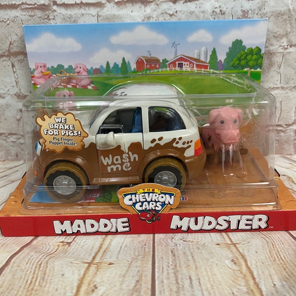 Vintage The Chevron Cars Maddie Mudster Collectors toy car mud vehicle - with Pig Finger Puppet - New in box