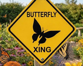 Butterfly Xing Metal Garden Sign: Yellow Farm Decor