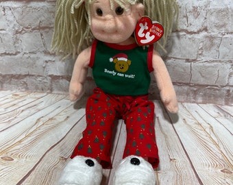 Vintage TY Beanie Boppers Girl Jolly Janie en tenue de Noël TY Peluche The Original Beanie Babies 12" de haut