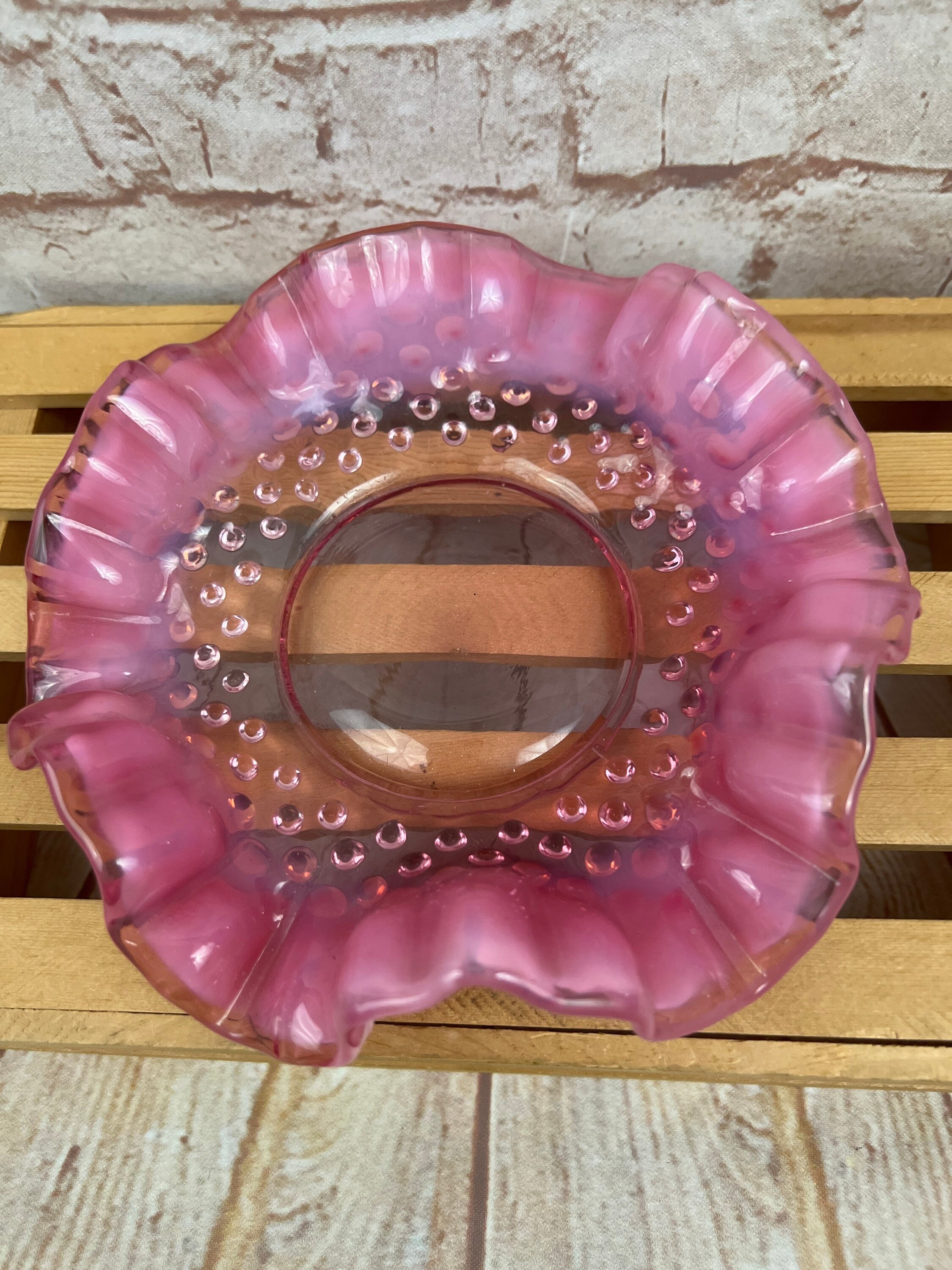 Retro Raspberry Ruffle Tin Vintage Fenton Opalescent Red Raspberry Ruffled Hobnail Glass Candy ...