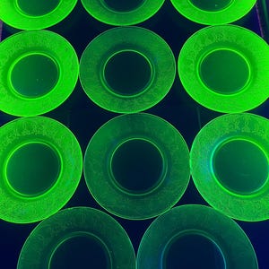 Vintage Set of 11 Green Depression Uranium Elegant Floral Etched Glass Luncheon / Dinner Plates 8” well Used 5 chipped - UV Blacklight Glows