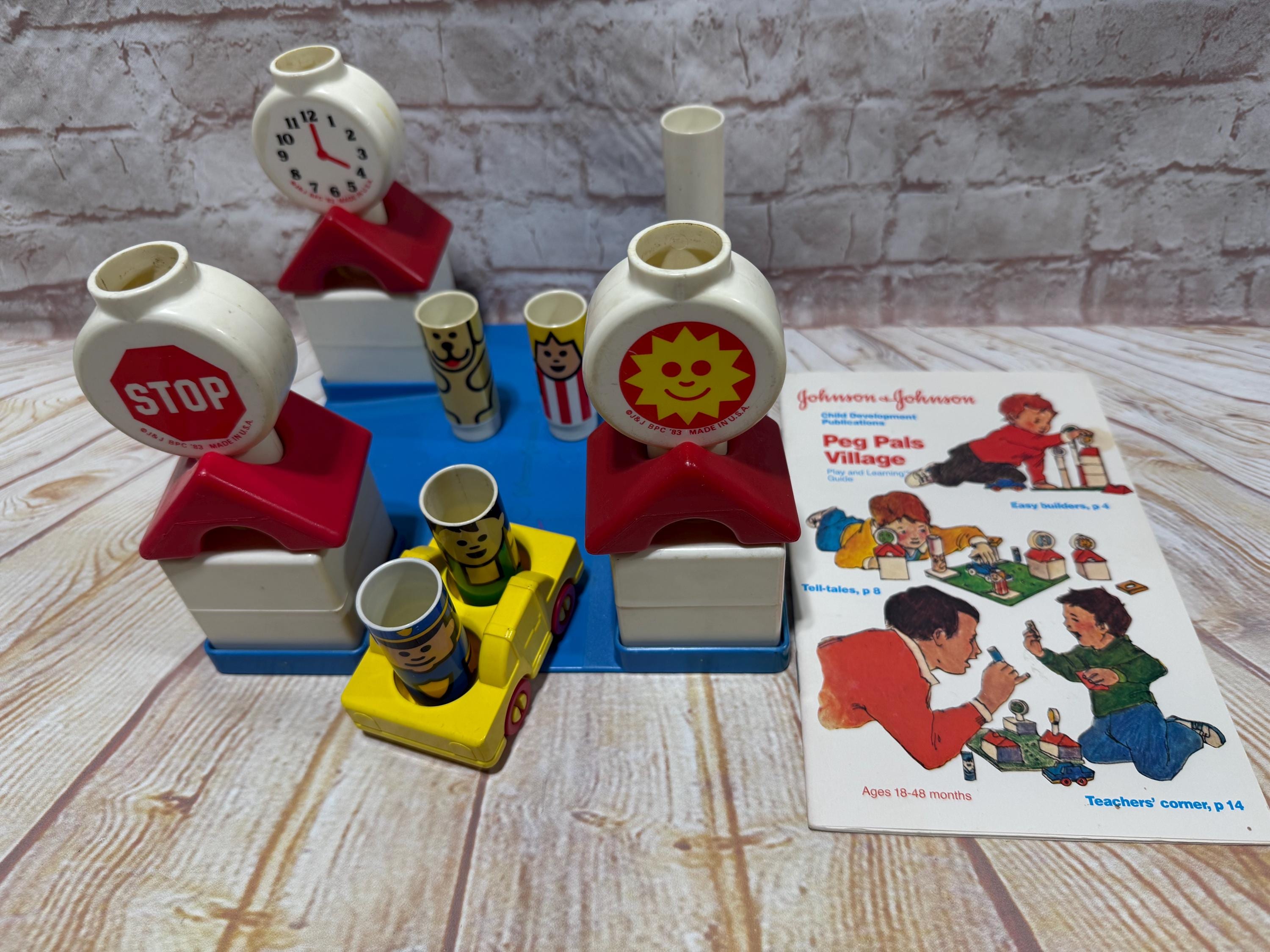 Vintage 1988 Johnson & Johnson Peg Pals Village Stacking Learning Toy with Guide Book COMPLETE!