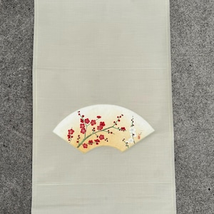 Vintage Japanese Fan Scroll Painting Red and White Plum Blossoms Kakejiku Ogi Nihonga Silk Hanging Wall Art 29”x56”