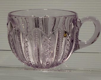Vintage Lavender Sun Purple Crosshatch Zipper Pattern Glass Tea Cup / Punch Cup with handle - Starburst Bottom - Amethyst tint