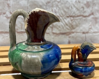 Vintage Set of 2 Mexico Dripware Miniature Pottery Pitchers - Drip Glaze with Sawtooth edge handmade